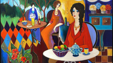 Itzchak Tarkay - Women in the coffee shop - Kings Gallery - Jerusalem - Fine art - Israeli artist - artwork.