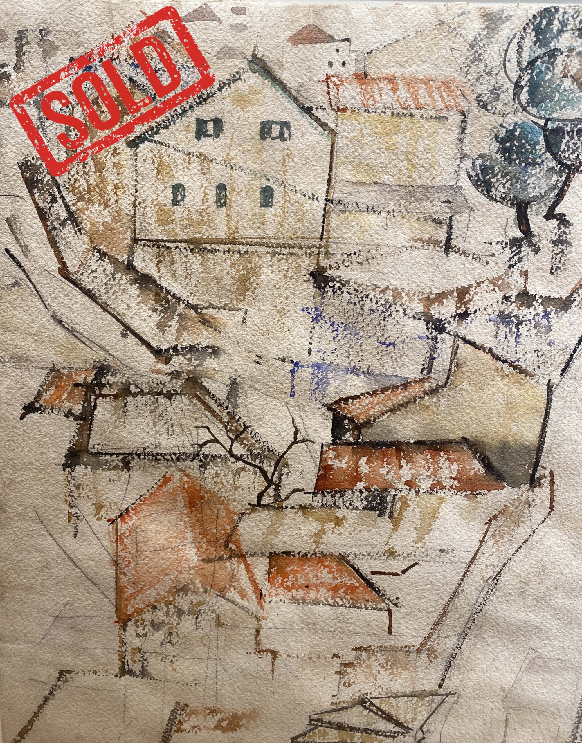 Avigdor Stematsky - Jerusalem - Watercolr and coal on paper - 38x31 cm - Closeup. copy
